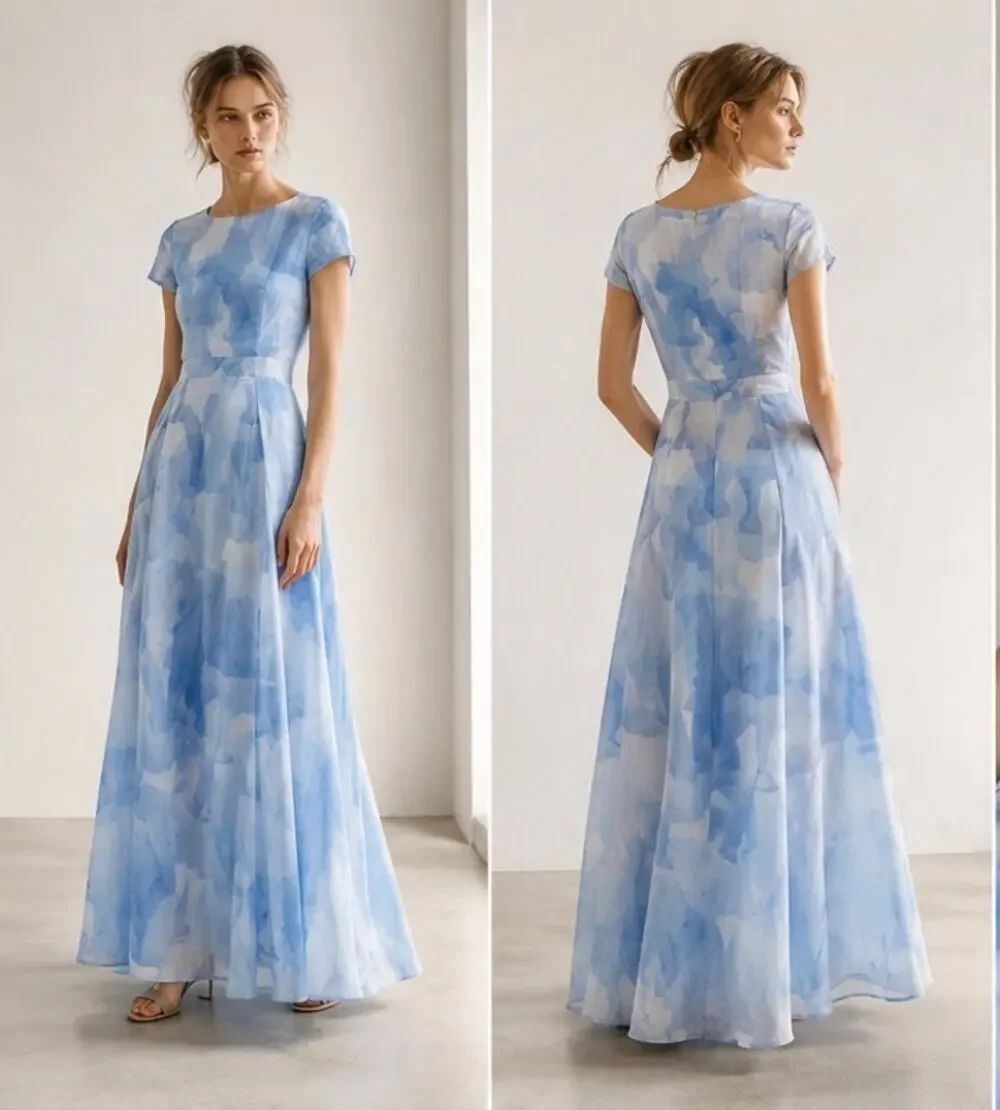 Anne Gorke Blue Abstract Print Organic Cotton Maxi Dress EU 36 XS Germany
